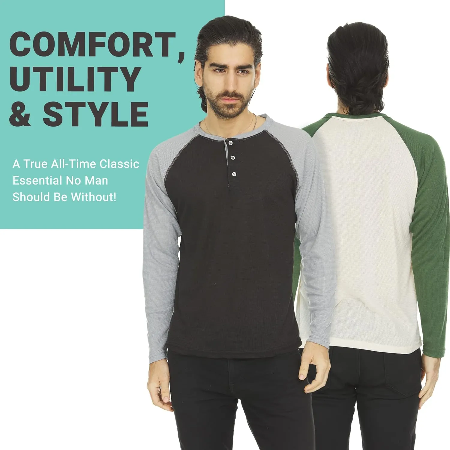 DARESAY 3 Pack: Thermal Long Sleeve Tee Shirt for Men- Henley & Crew Long Sleeve Shirts for Men  Mens Long Sleeve T Shirts