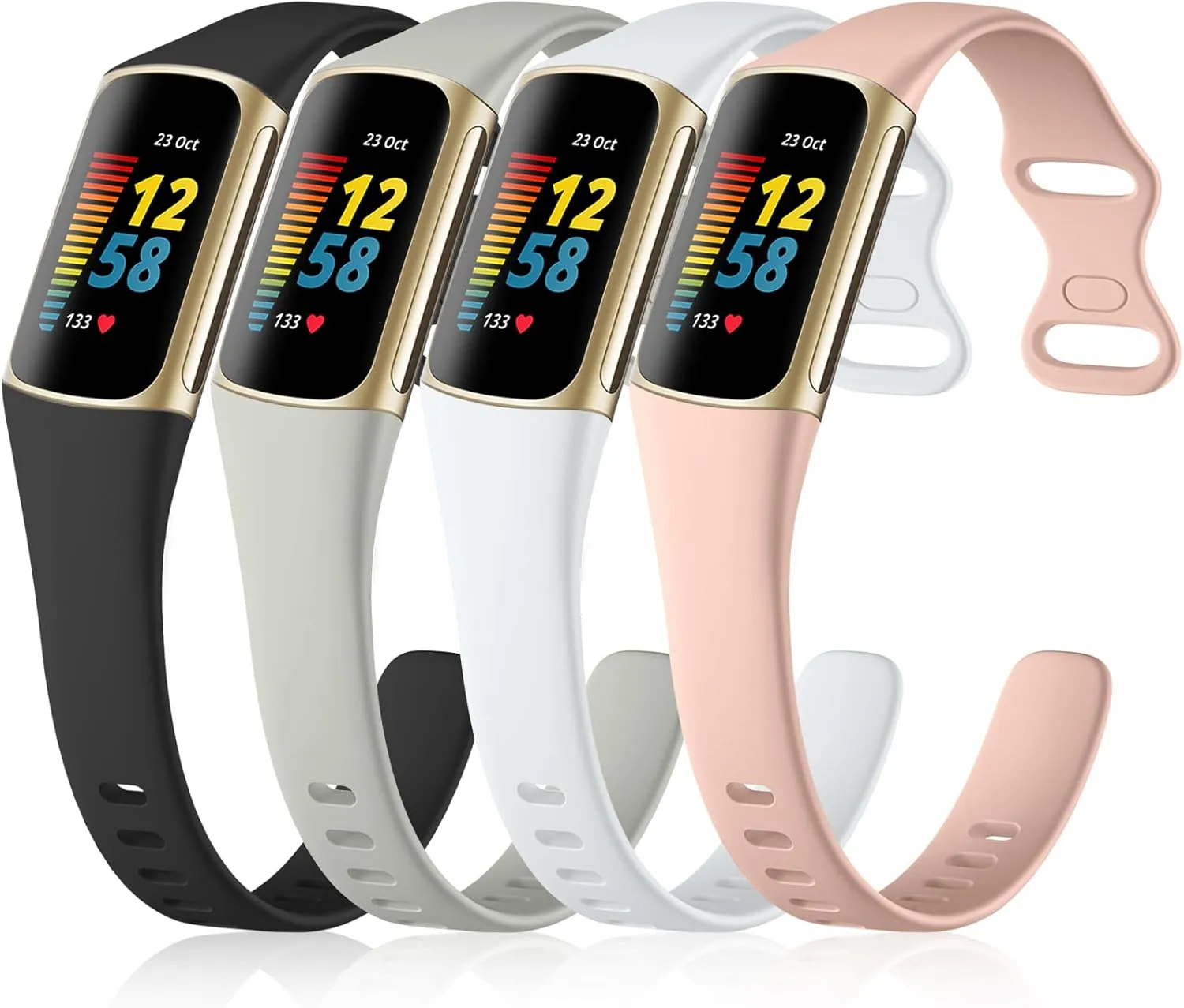 GEAK 4 Pack Slim Band Compatible with Fitbit Charge 5/6 Bands for Women & Men, Soft Silicone Sport Replacement Wristbands for Fitbit Fitness Tracker, Black/White/Gray/Pink