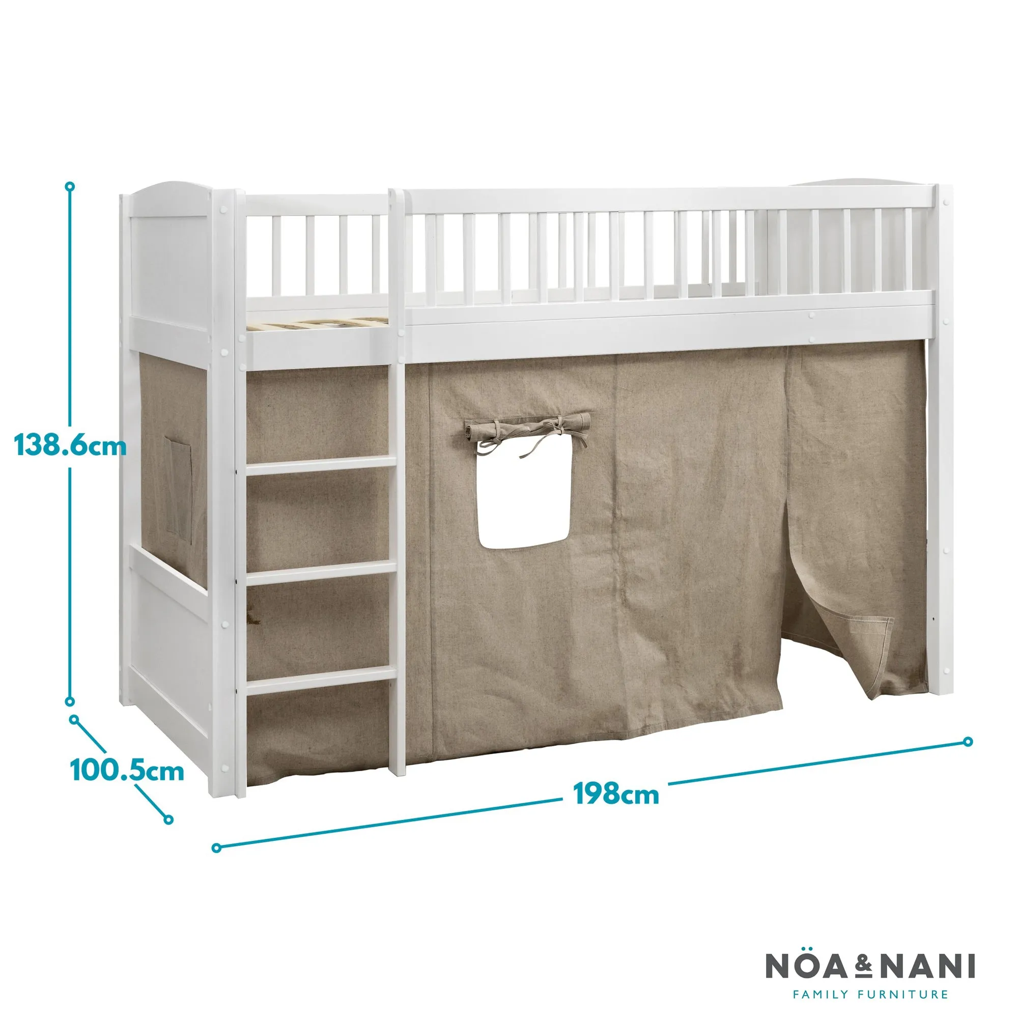 Lottie Midsleeper Cabin Bed with Straight Ladder & Tent in Classic White