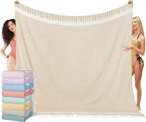Oversized Turkish Beach Towel Blanket XXL Cotton Sandproof Towels Boho Woven Extra Large Big Sand Free Giant Throw Thick Blankets Huge Quilt XL Picnic Camping Necessities Cloud For Adult Gifts Beige