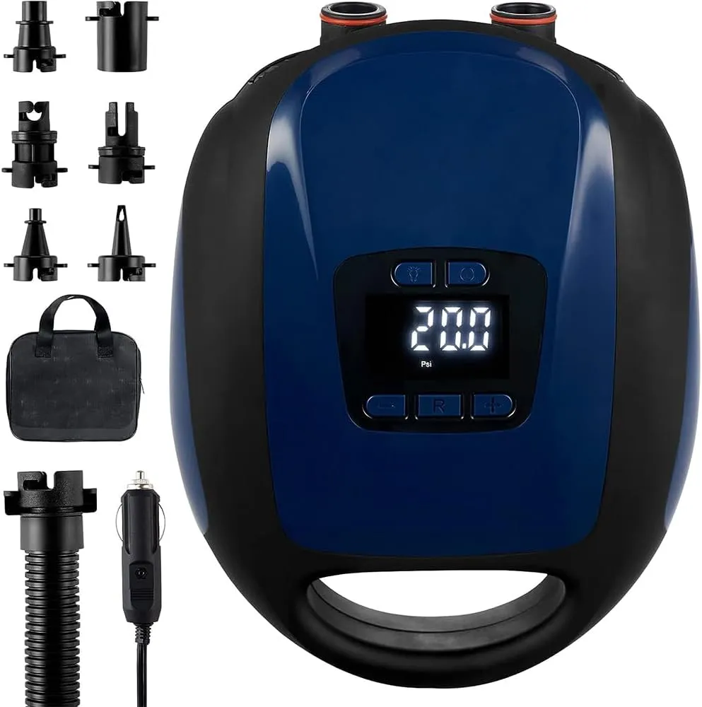 Paddle Board Pump, SUP Electric Pump, Intelligent Dual Stage Inflation & Auto-Off Feature, Deflation Function, 12V DC Car Connector, for Inflatables, Kayaks and Boats, Blue