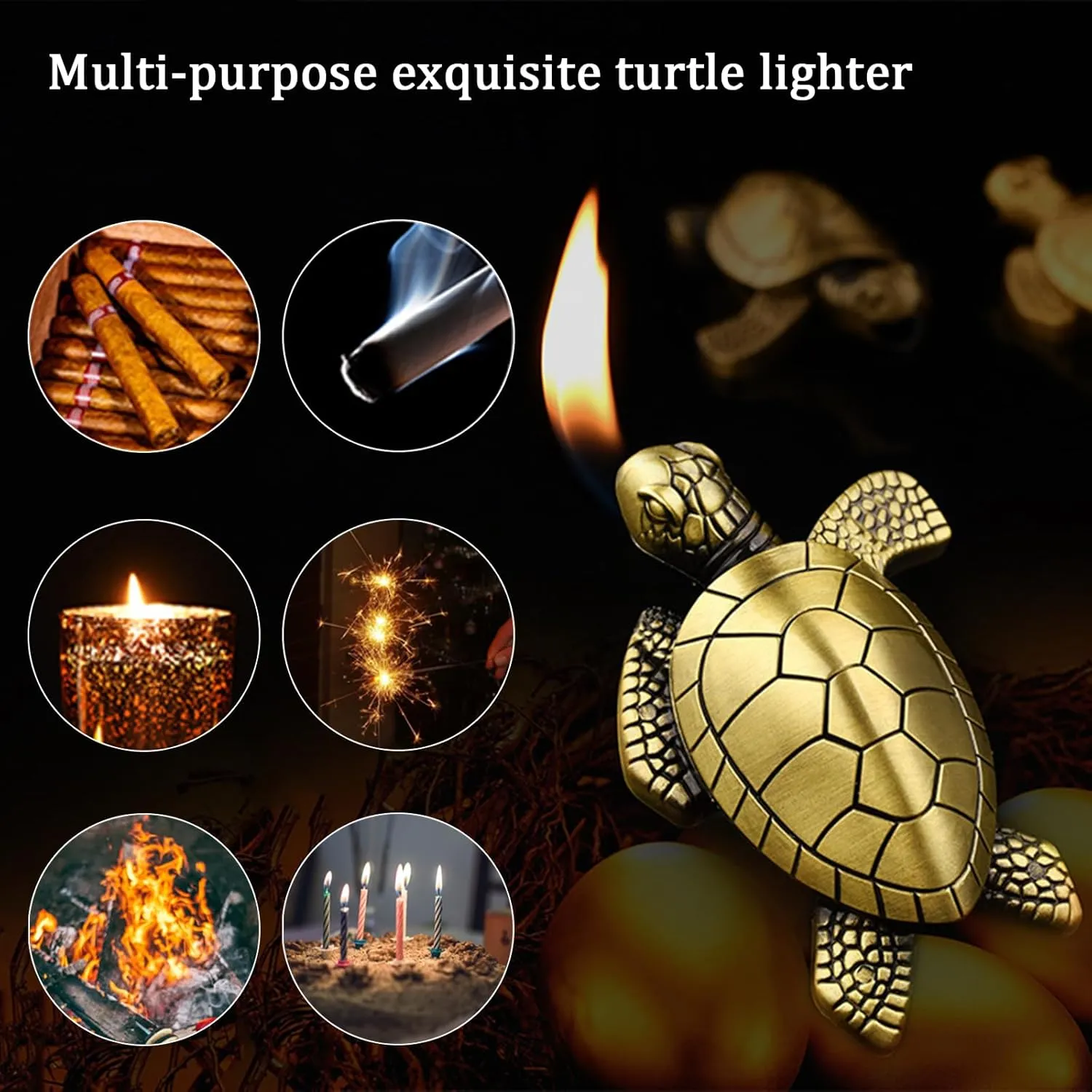 Torch Lighter - Turtle Shaped Refillable Gas Adjustable Flame Lighter, Unique Gift for Men & Women, Decorative Tabletop Lighter for Home & Office (Without Butane)-Titanium Gold