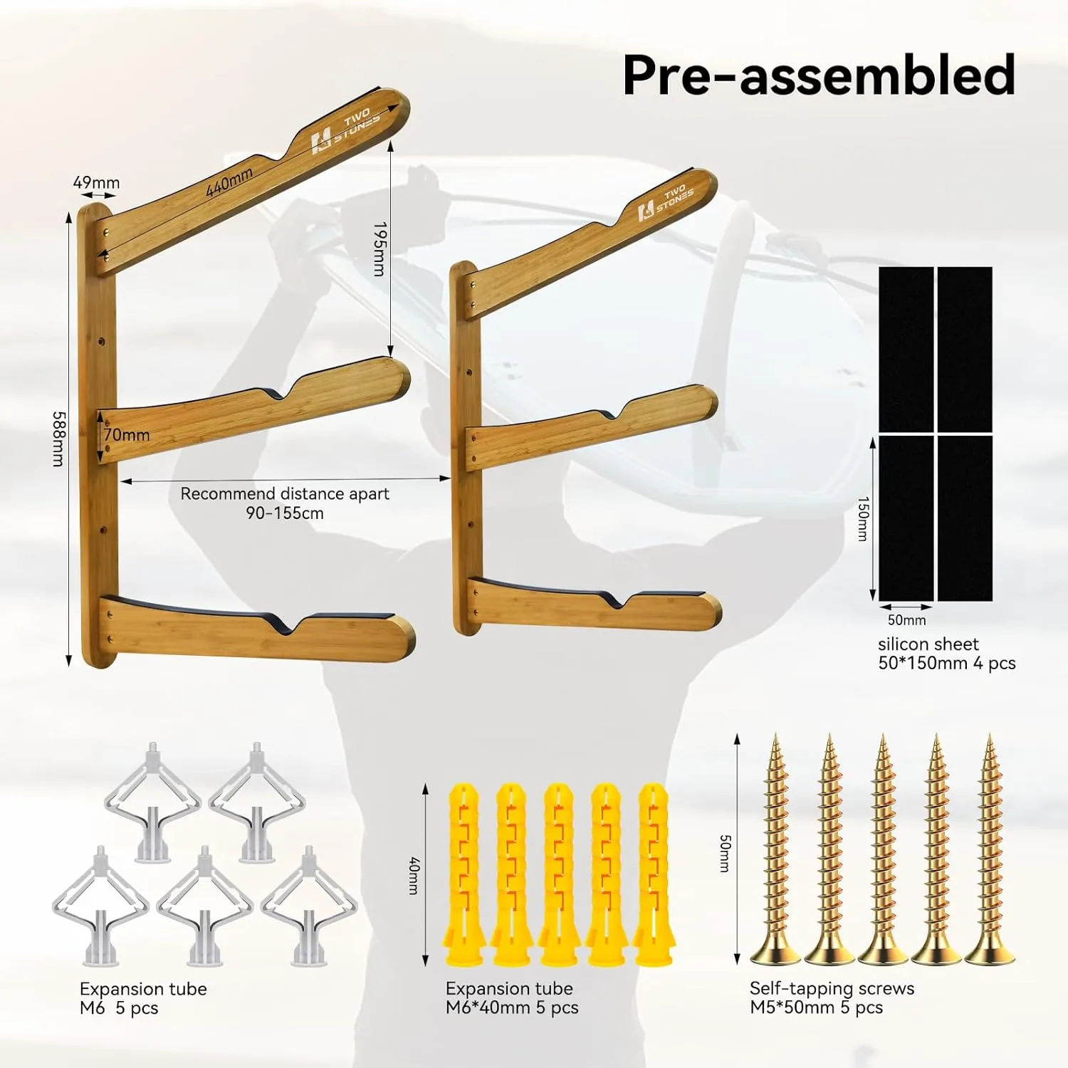 TWO STONES Surfboard Racks for The Wall, Surfboard Rack Hanger Works as a Shortboard, Skimboard & Longboard Hanger or Stand (CJ-OT2202)