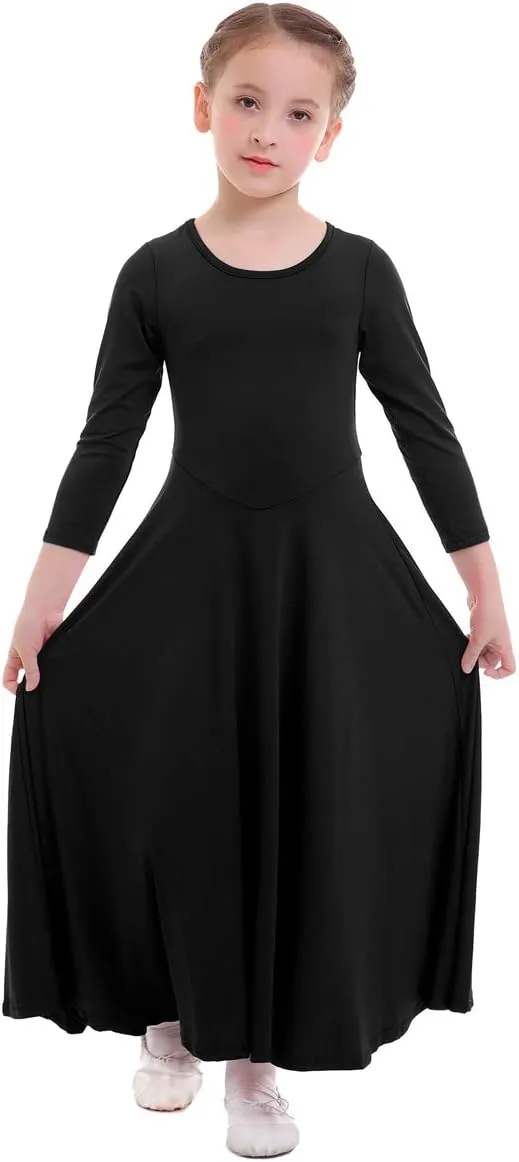 ZX Girls Long Sleeve Praise Dance Dress Full Length Wide Swing Lyrical Dancewear Liturgical Worship Costume
