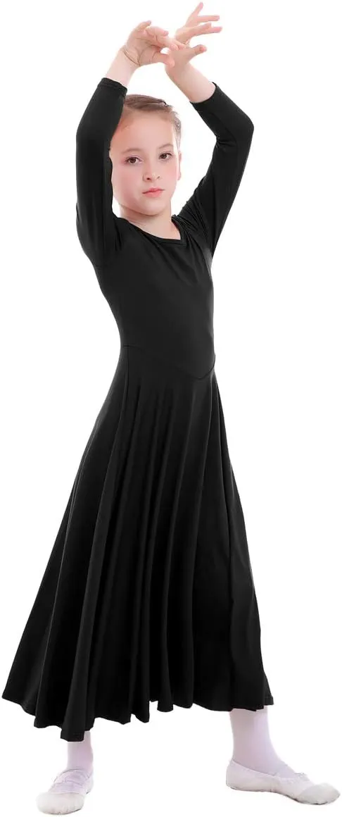 ZX Girls Long Sleeve Praise Dance Dress Full Length Wide Swing Lyrical Dancewear Liturgical Worship Costume