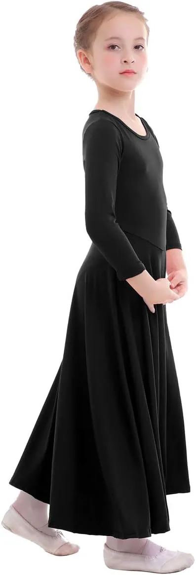 ZX Girls Long Sleeve Praise Dance Dress Full Length Wide Swing Lyrical Dancewear Liturgical Worship Costume