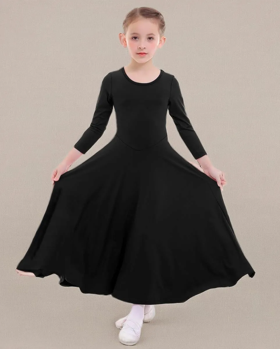 ZX Girls Long Sleeve Praise Dance Dress Full Length Wide Swing Lyrical Dancewear Liturgical Worship Costume