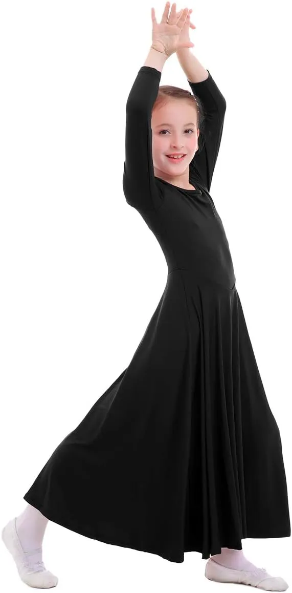 ZX Girls Long Sleeve Praise Dance Dress Full Length Wide Swing Lyrical Dancewear Liturgical Worship Costume