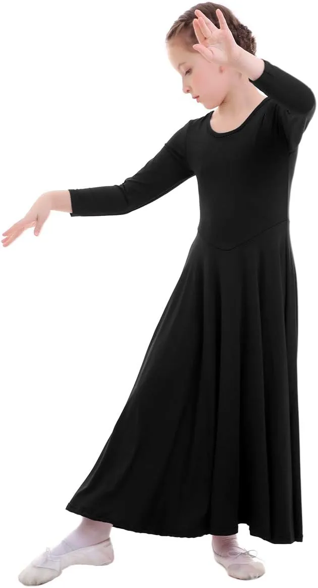 ZX Girls Long Sleeve Praise Dance Dress Full Length Wide Swing Lyrical Dancewear Liturgical Worship Costume