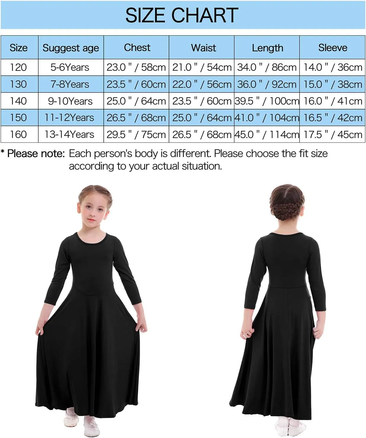 ZX Girls Long Sleeve Praise Dance Dress Full Length Wide Swing Lyrical Dancewear Liturgical Worship Costume