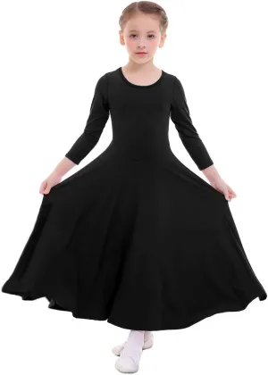 ZX Girls Long Sleeve Praise Dance Dress Full Length Wide Swing Lyrical Dancewear Liturgical Worship Costume